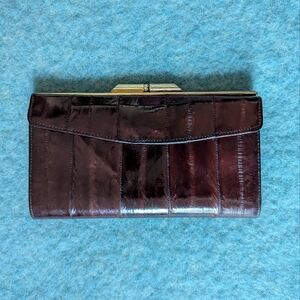 Vintage Eel Skin Wallet With Gold Accents, Card Slots, Bill Holder. Brown-Maroon